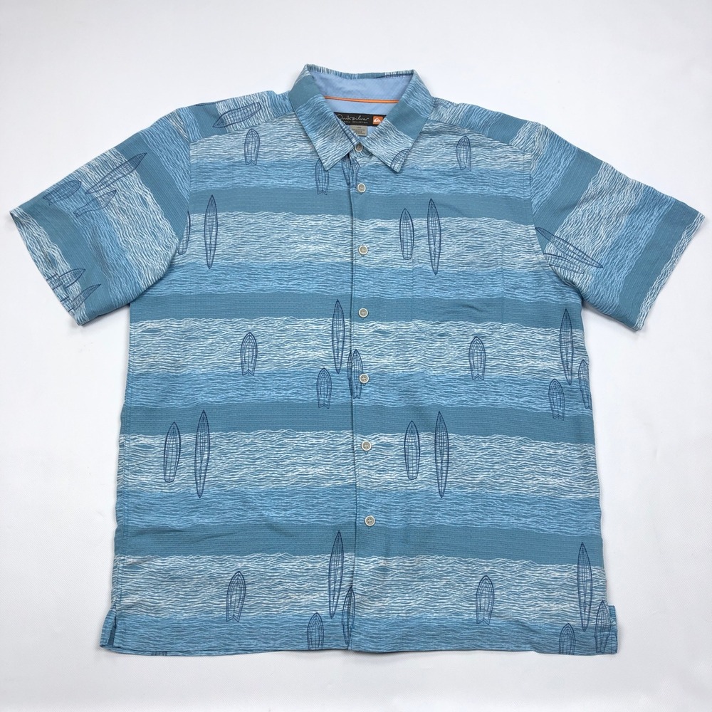 Quiksilver Waterman Mens Blue Surfboard Wave Print Button Down Shirt